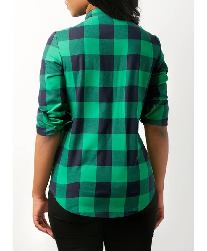 Green Lace Up Front Plaid Print Blouse